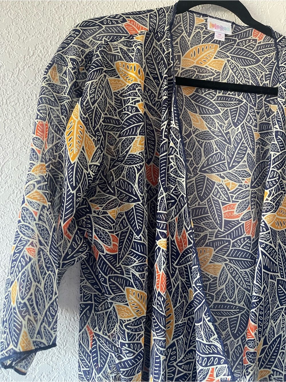 LuLaRoe Navy Leaf Print Cardigan with Mustard and Orange Accents